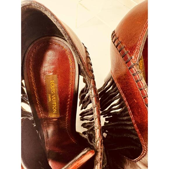Louis Vuitton Dakota Heels Size 37 Burgundy Bordeaux Leather Fringe Peep Toe - Picture 7 of 14
